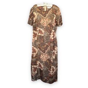 Vintage 90s Studio C Brown Animal Print Floral Maxi Dress Plus Size 16W Retro